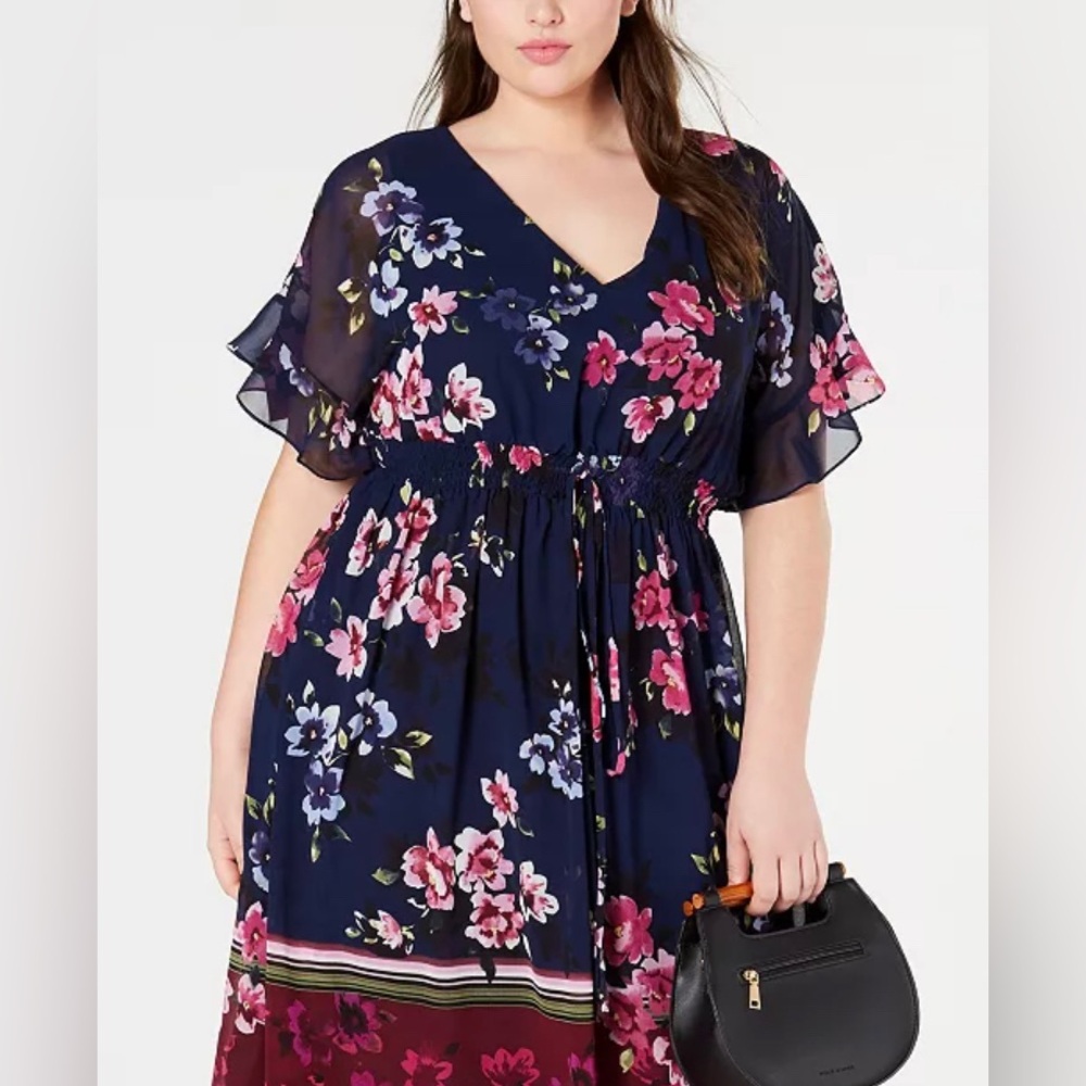 Taylor Woman Plus Size Printed Smocked Midi Dress Floral Size 18W
